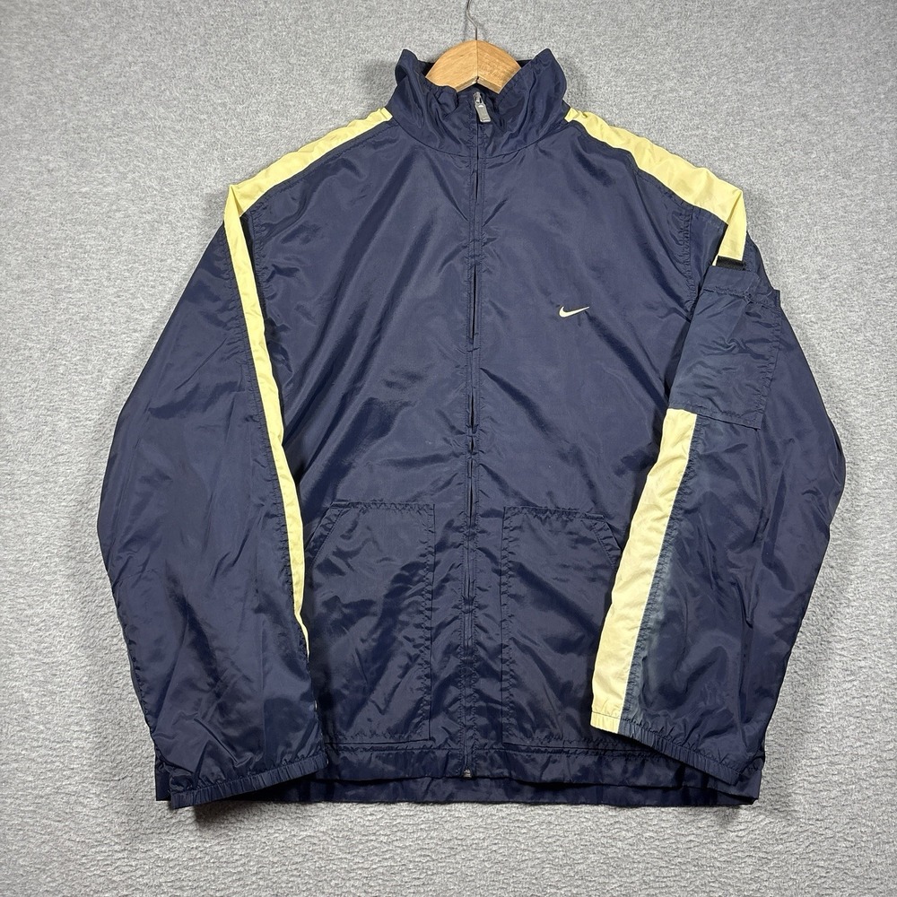 Vintage Y2K Nike Windbreaker Jacket Mens L Navy Yellow Track Full Zip Mesh Nylon